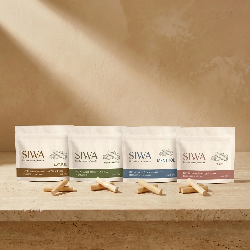 La gamme complète des recharges Siwa : naturel, menthe fraîche, menthol et fraise